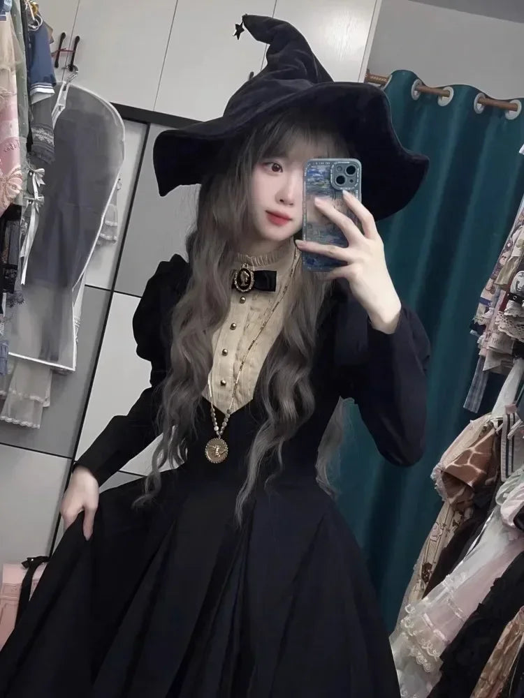 New Gothic Punk Dark Lolita Vintage Black Long Bubble Sleeve Waist Cinched Autumn Winter Dress