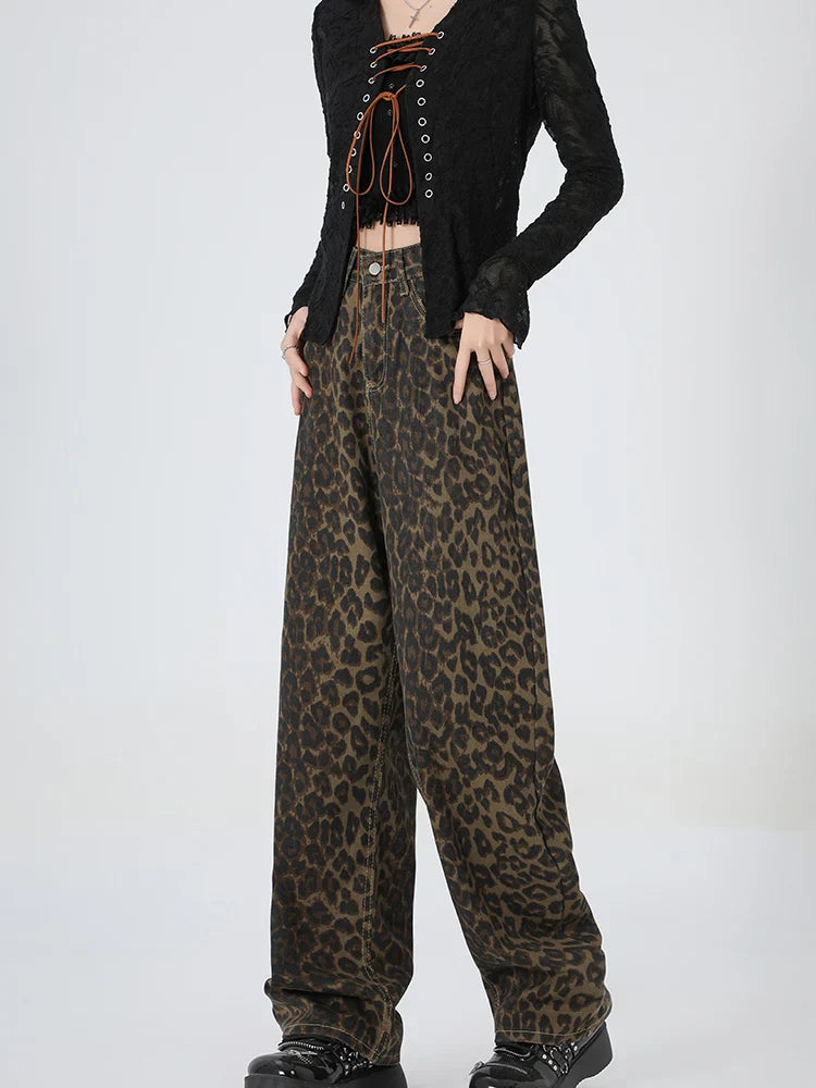 2024 New Leopard Print Wide Leg Women High Waisted Fashion Streetwear Retro Y2K Denim Baggy Casual