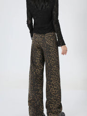 2024 New Leopard Print Wide Leg Women High Waisted Fashion Streetwear Retro Y2K Denim Baggy Casual