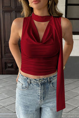 Tie Strap Draped Neck Cinched Crop Top