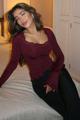 Square Neck Lace Trim Slim Fit Long Sleeve Tee