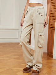 Retro Elastic Waist Denim Cargo Pants