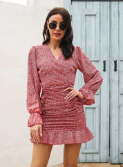 V-Neck Flounce Printed Chiffon Dress With Pleats S / Gray Dresses