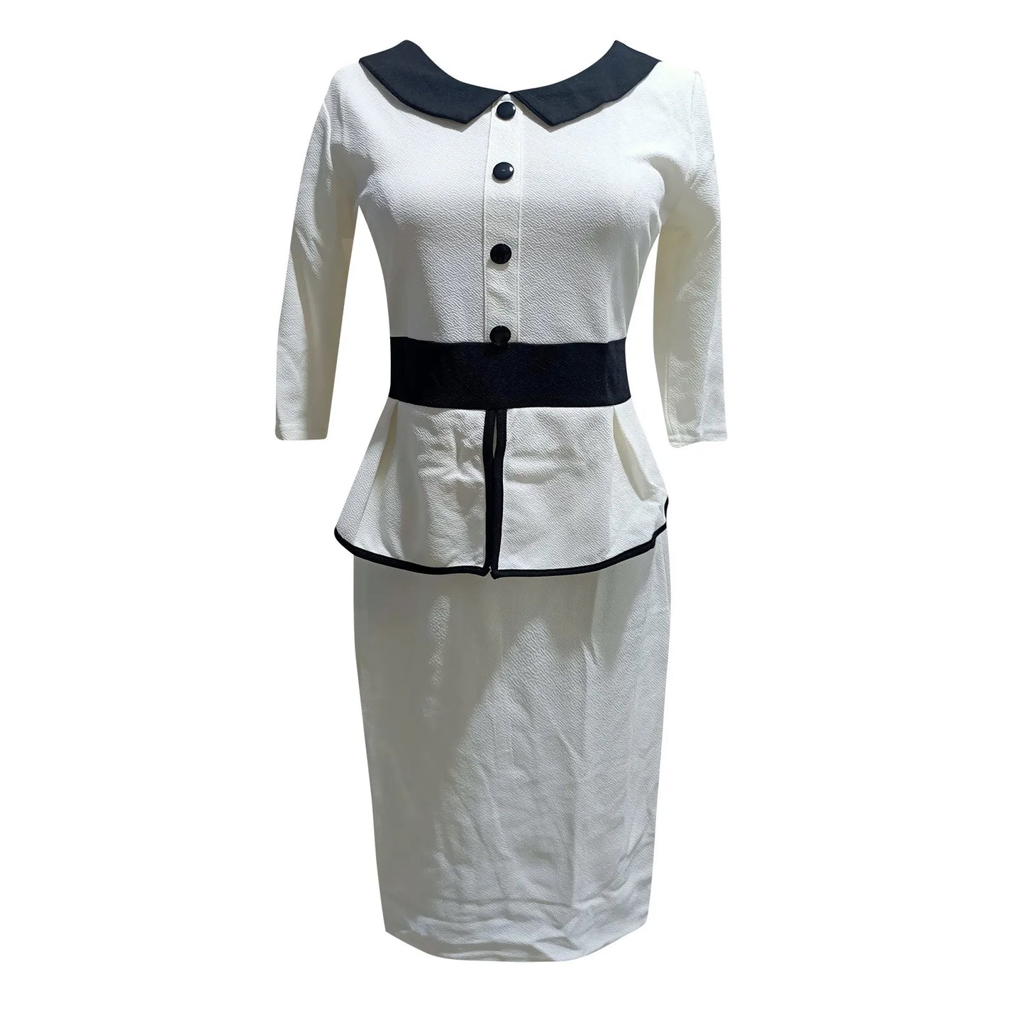 JuliaFashion - 3/4 Sleeves Lapel Collar Patchwork Office Lady Ruffle Peplum Button Slim Wrap Vintage Sheath Pencil Bodycon Dress