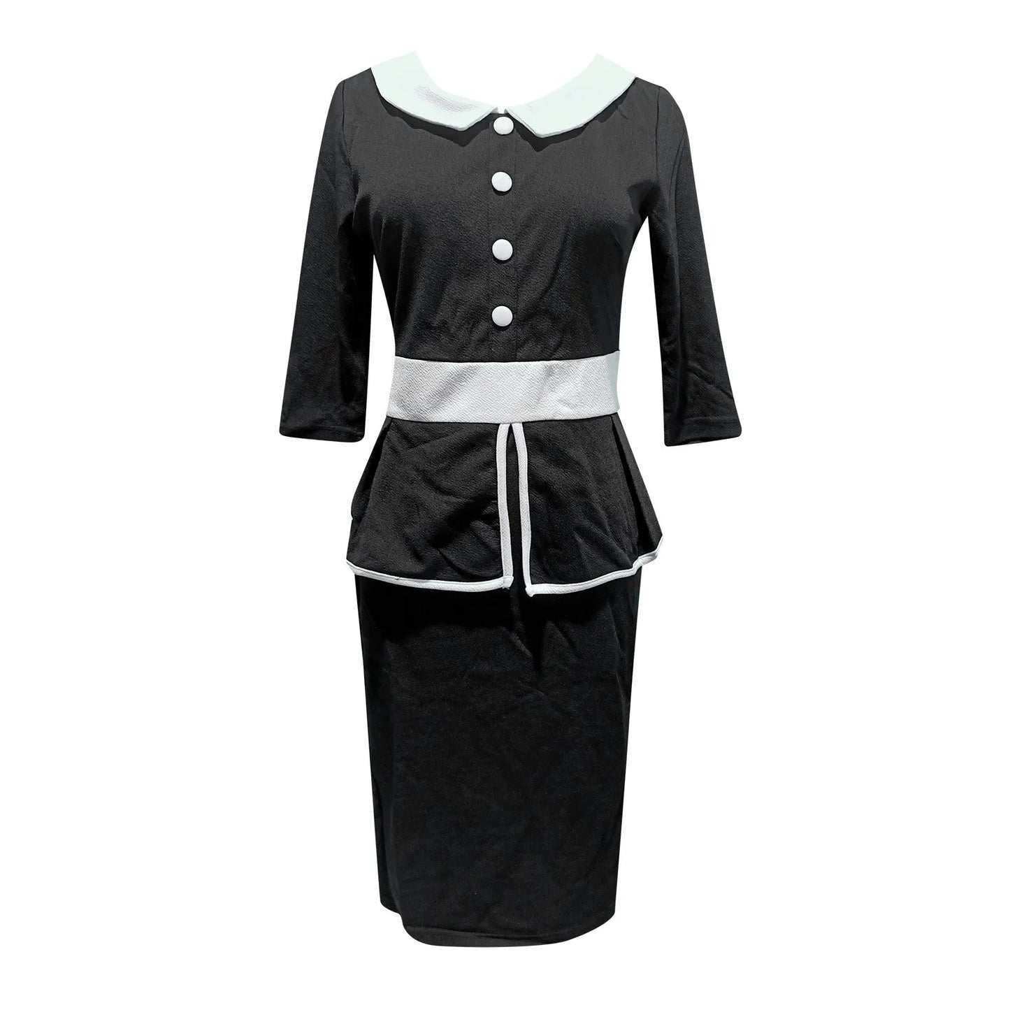 JuliaFashion - 3/4 Sleeves Lapel Collar Patchwork Office Lady Ruffle Peplum Button Slim Wrap Vintage Sheath Pencil Bodycon Dress