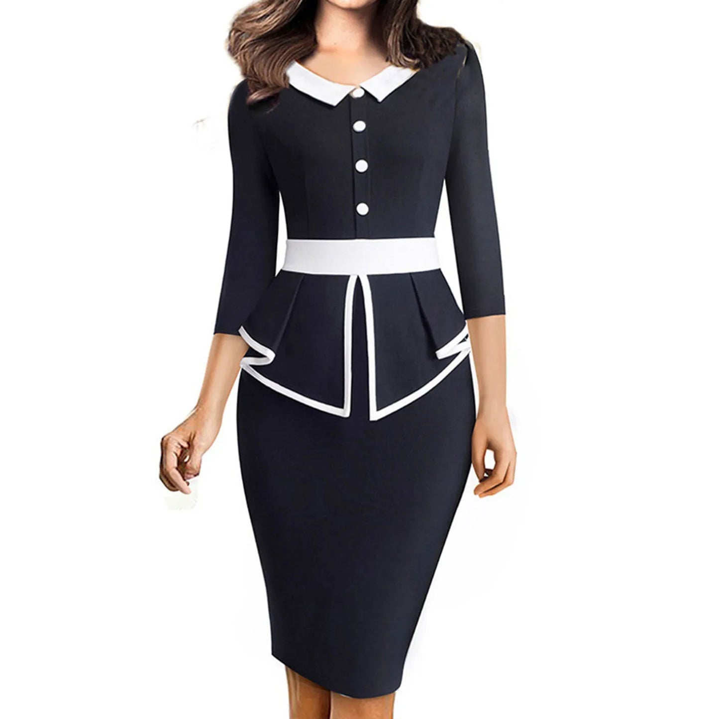 JuliaFashion - 3/4 Sleeves Lapel Collar Patchwork Office Lady Ruffle Peplum Button Slim Wrap Vintage Sheath Pencil Bodycon Dress