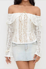 Off Shoulder Lace Patchwork Bodycon Long Sleeve Tee