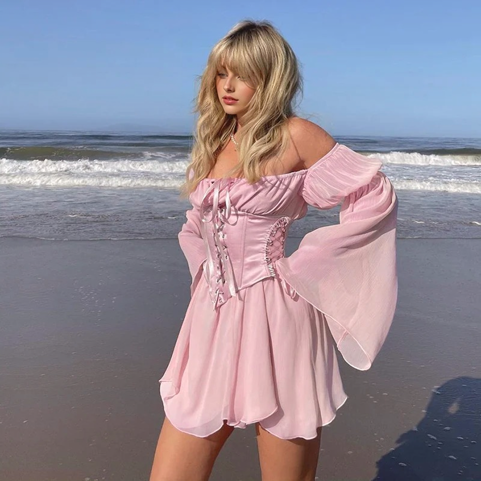 Julia Fashion - Off Shoulder Mesh Yarn Short Dress