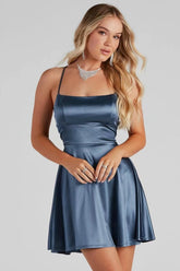 Satin Square Neck Lace Up Cocktail Dress