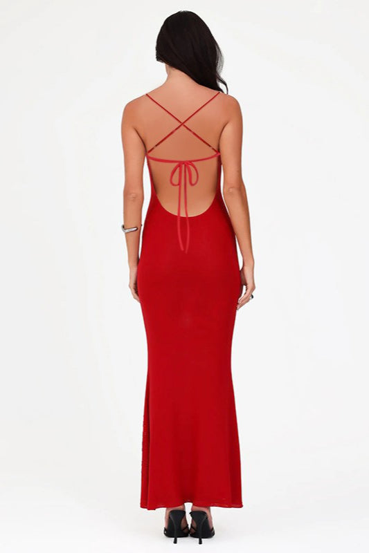 Rhinestone Open Back Tie Spaghetti Strap Sexy Maxi Dress