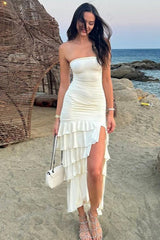 Ruffled Ruching Tiered High Slit Strapless Waist Cinched Prom Dress