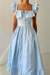 Ruffle Striped Square Collar Midi Dress