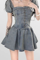 Lace Up Strapless Denim Dress