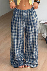 Drawstring Plaid Wide Leg Pants