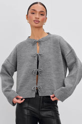 Tie Front Crew Neck Knit Cardigans