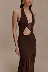 Asymmetrical Cutout Shirred Backless Fitted Maxi Dress