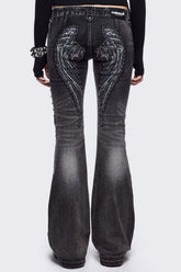 Wing Embroidered Low Rise Flare Leg Jeans