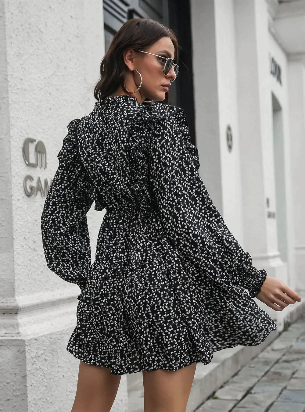 Wood Ear Collar Long Sleeve Printed Dress With Ruffled Detail Xl / Black Dresses