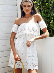 White Lace Off Shoulder Dress With Hollow Out Detail For Women Dresses