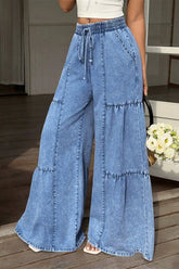 Tiered Panel Drawstring Wide Leg Jeans