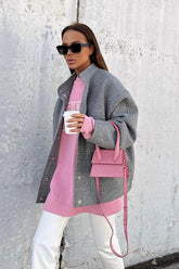 Gray Stand Collar Cocoon Sleeve Coat