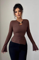 Metal Clasp Keyhole Bell Sleeve Top