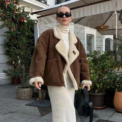 Fashion Lamb Woolen Spliced Warm Coat For Women Vintage Side Buttons Lapel Full Sleeve Jackets Lady Autumn Winter Thick Outwear