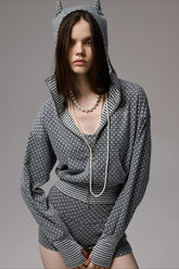 Polka Dot Cat Ear Zip Front Cropped Hoodie