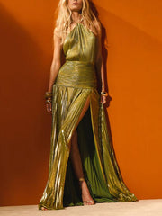 Thalia Metallic Peridot Maxi Dress