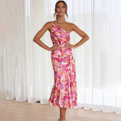 MAKAYLA - ASYMMETRICAL ONE-SHOULDER FLORAL MIDI DRESS