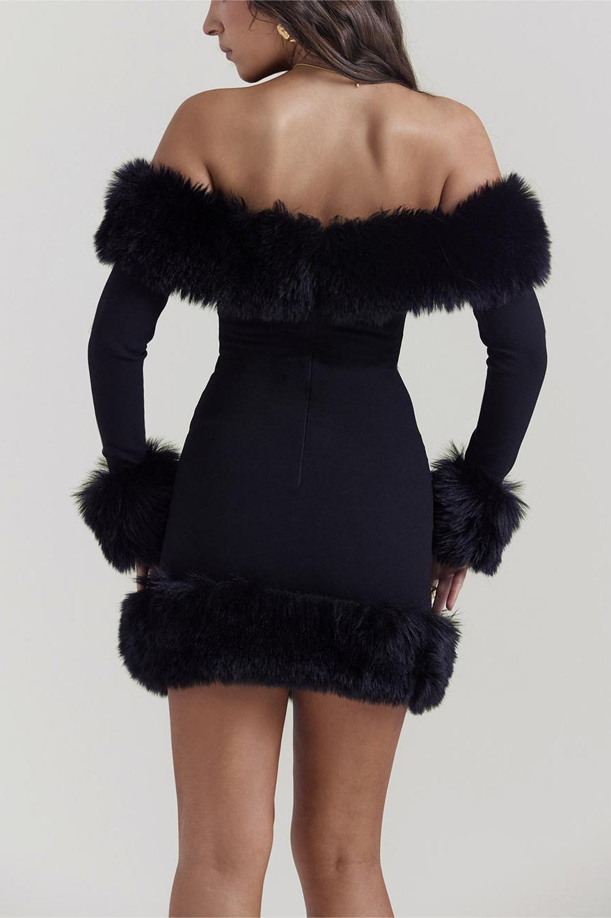 Fuzzy Panel Solid Off-the-shoulder Waist-cinched Bodycon Mini Dress
