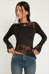 Sheer Lace Panel Flare Sleeve T-shirts