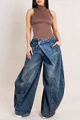 Asymmetric Waist Curved Leg Jeans