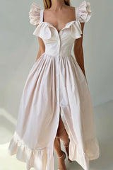 Ruffle Striped Square Collar Midi Dress