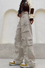 Street Style Multi-Pocket Wide Leg Cargo Straight Slim Pants