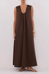 V-Neck Pleated Tank Loose Boho Dress