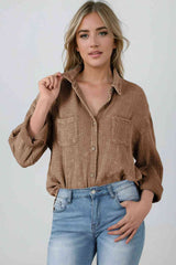 Textured Button Down Shirt Taupe button down shirt clothes Ship From Overseas shirt SYNZ top