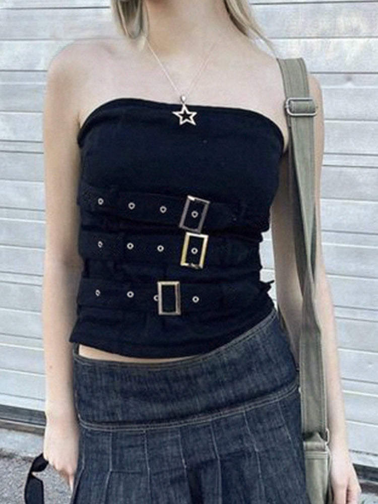 Y2K Bandage Buckle Corset Punk Grunge Gothic Retro Streetwear Crop Top