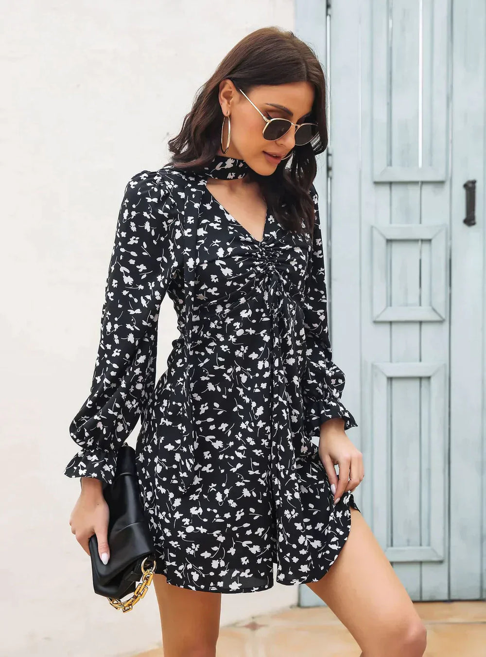 Patterned Arm Flared Flowered Gown With V-Neck Chiffon Drawstring L / Apricot Dresses