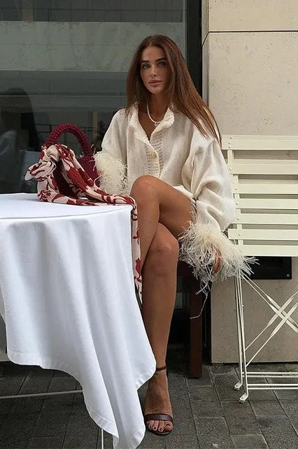 Elegant Feather Trim Christmas Cardigan