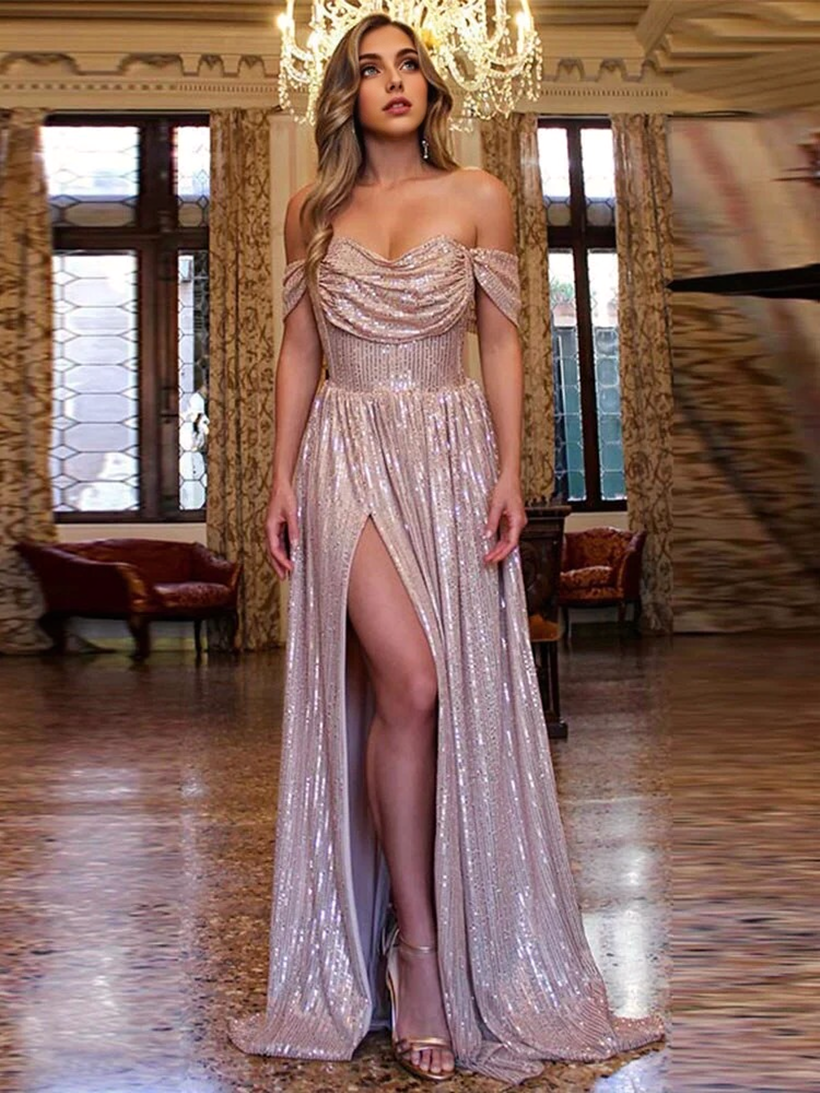 JuliaFashion - 2024 Solid Sequins Strapless Slim Split Dress