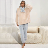 JuliaFashion - 2024 Solid Long Sleeve Winter Fluffy Pijama Suit