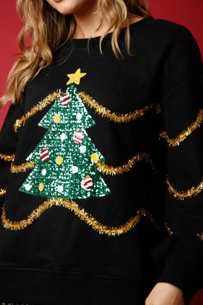 Christmas Tree Sequin Casual Loose Long Sleeve Tee
