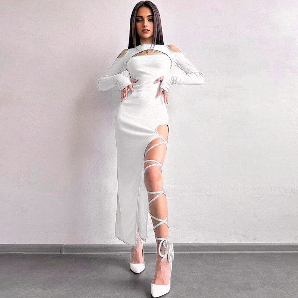 JuliaFashion - Sexy Lace-Up High Split Maxi Dress