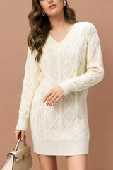 V-Neck Solid Cable-Knit Sweater Mini Dress