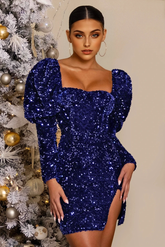 JuliaFashion - 2024 Solid Sequins Square Neck Puff Sleeve Club Mini Dress
