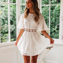 JuliaFashion - White Lace Floral Embroidery Short Sleeve Mini Dress