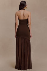 Asymmetrical Cutout Shirred Backless Fitted Maxi Dress