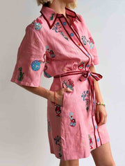 Casual Printed Shirt Collar Single-breasted Mini Dress