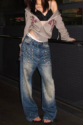 Rhinestone Loose Fit Wide Leg Jeans